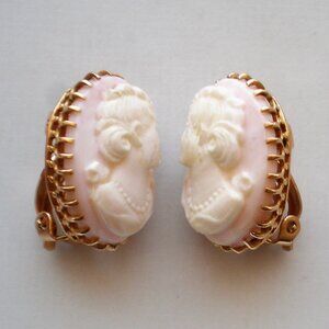 14K Yellow Gold Carved Pink White Conch Shell Lady Cameo Clip On EARRINGS